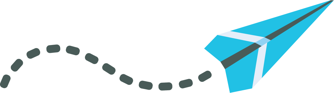 Stylized blue paper airplane with dashed flight trail