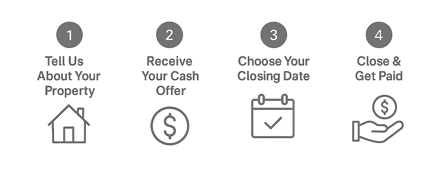 Steps for selling property: 1. Tell us about your property, represented by a house icon. 2. Receive your cash offer, represented by a dollar sign in a circle. 3. Choose your closing date, represented by a calendar with a checkmark. 4. Close and get paid, represented by a hand holding a dollar coin.