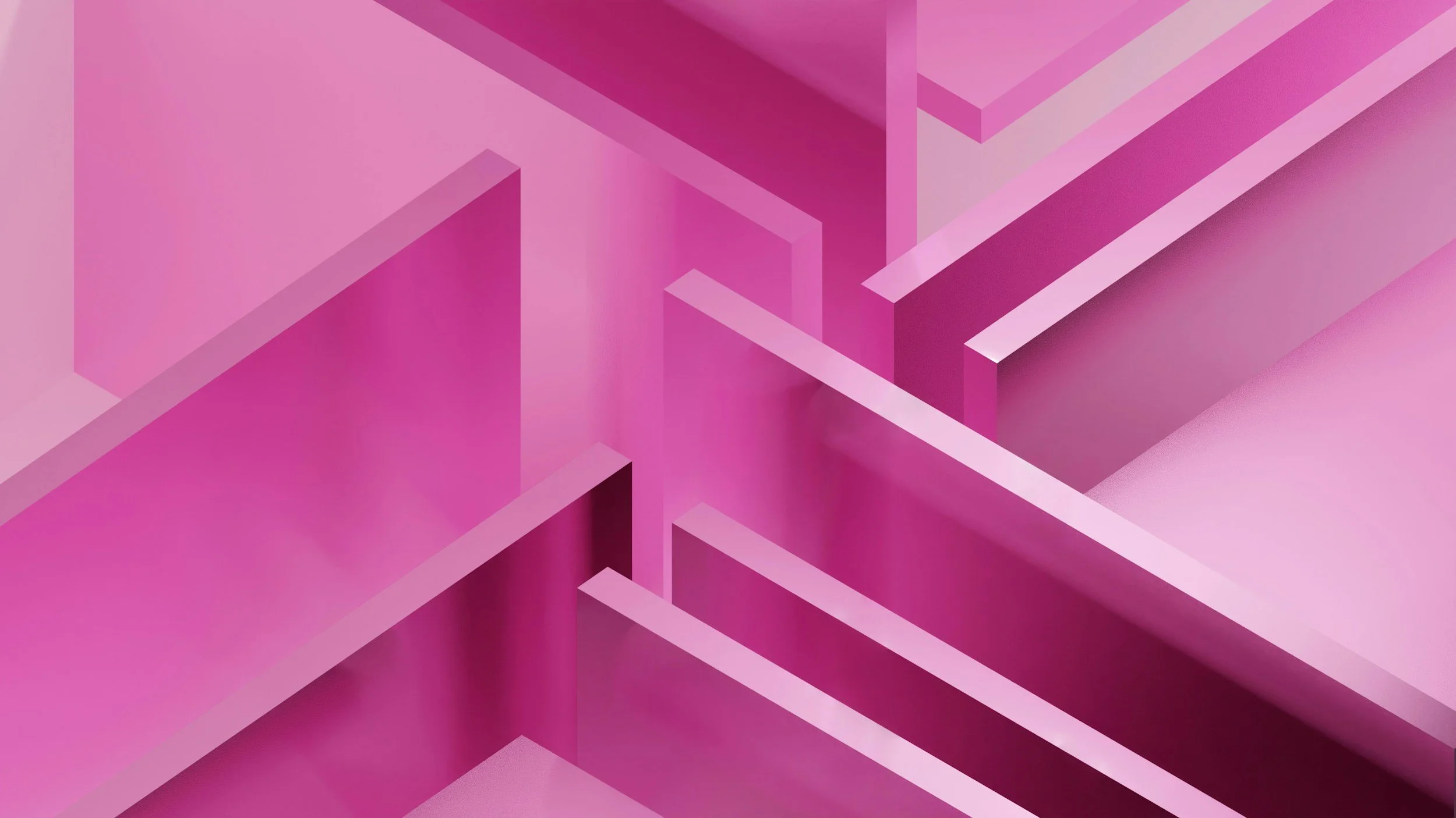 Abstract 3D geometric pattern with pink and purple hues, featuring vertical and horizontal bars and layered shapes.