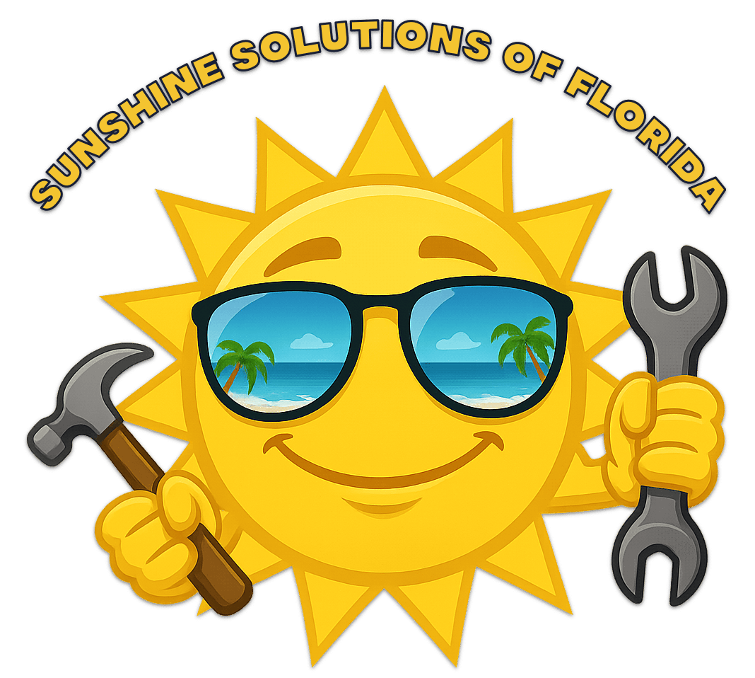 A smiling cartoon sun wearing sunglasses that reflect a tropical beach with palm trees. The sun is holding a wrench and hammer, and above it is the text 'Sunshine Solutions of Florida'.
