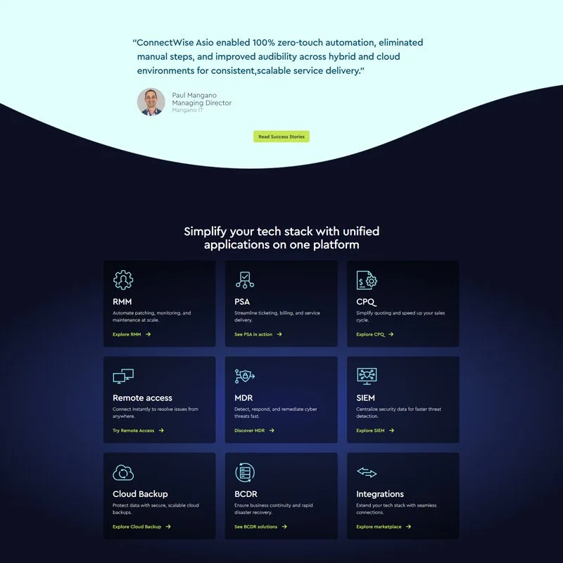 Webpage featuring a quote from Paul Mangano, Managing Director at Mangano IT, about 'ConnectWise Asi' enabling zero-touch automation. Includes a green button labeled 'Read Success Stories' and a section titled 'Simplify your tech stack with unified applications on one platform,' highlighting services like RMM, PSA, CPQ, Remote access, MDR, SIEM, Cloud Backup, BCDR, and Integrations with links to explore each.