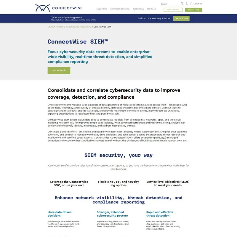 Screenshot of ConnectWise SIEM website homepage, showcasing cybersecurity management services, features, and solutions for enterprise security, with a green 'Get in Touch' button.