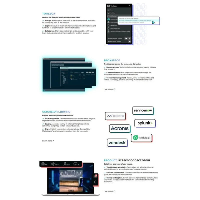 Image of a digital toolkit and software features including remote access, extensions, and remote camera view, with icons for ConnectWise, ServiceNow, Splunk, Acronis, Zendesk, and Freshdesk.