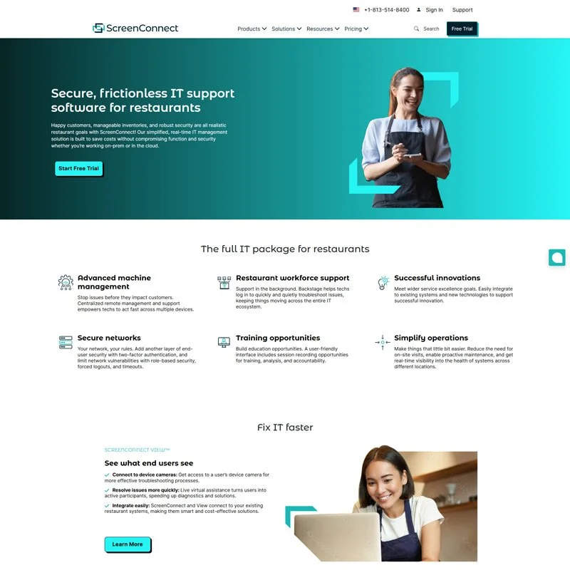 Screenshot of a software company's webpage promoting IT support software for restaurants, featuring a smiling woman in a gray apron on a teal background.
