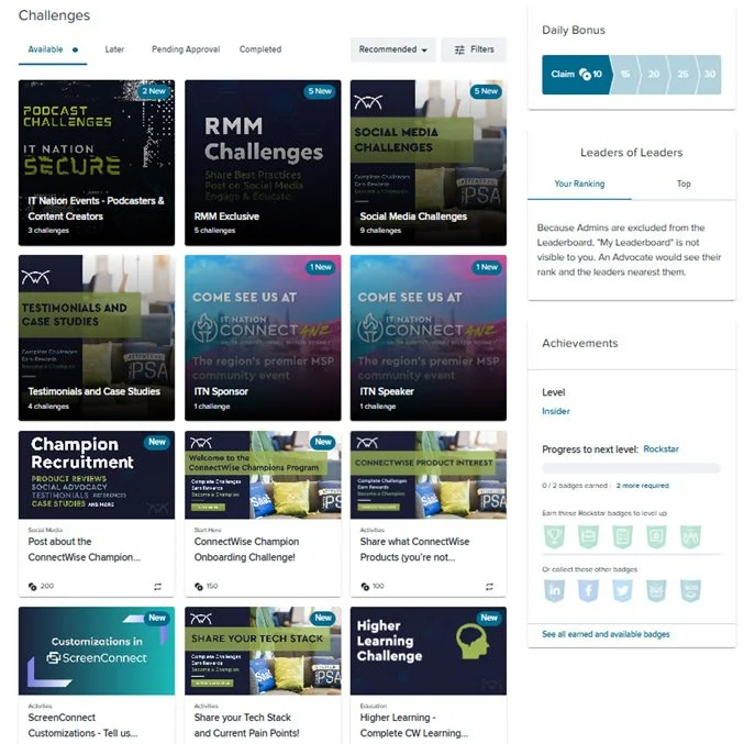 Dashboard displaying various educational and professional challenges, badges, and achievements sections on the right side.