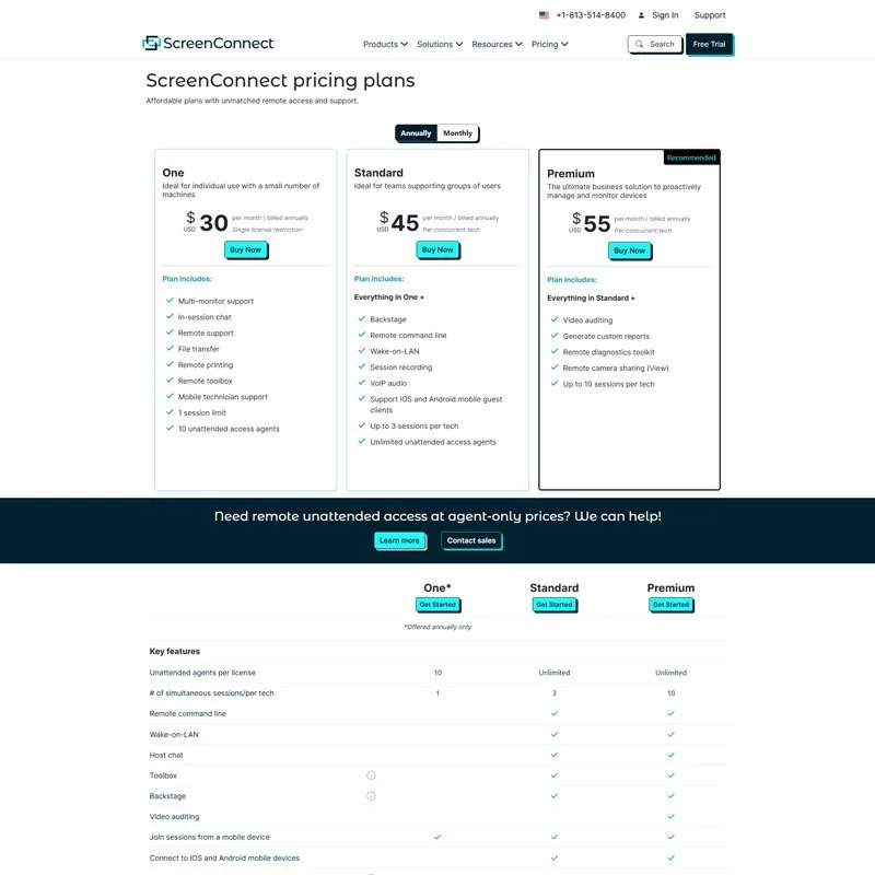 Pricing plans comparison chart for ScreenConnect with three options: One, Standard, and Premium, listing features and prices.