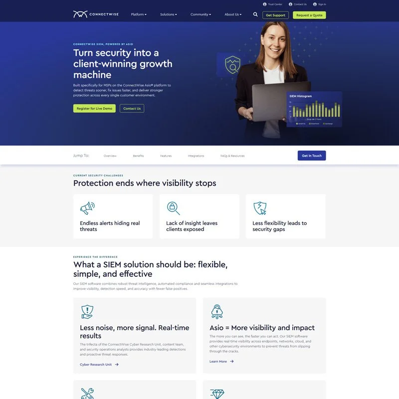 Homepage of ConnectWise SIEM platform with a smiling woman holding a laptop displaying a bar chart, featuring a blue background with white text and green and blue buttons.