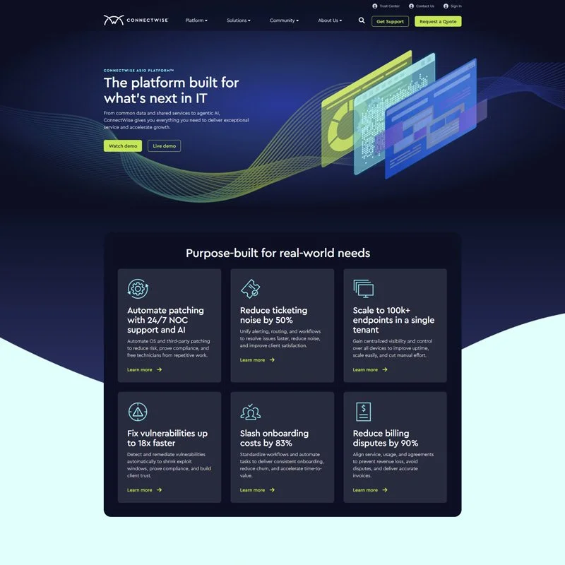 Screenshot of a website homepage for ConnectWise, an IT platform company, featuring a modern digital design with animated graphics, a headline about building for the next in IT, and sections highlighting their services and solutions.