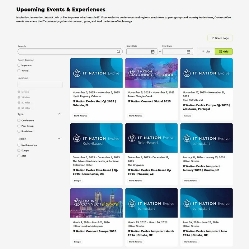 Schedule of upcoming IT industry events and conferences, including dates, locations, and themes, listed in a grid format with search and filter options on the left side.