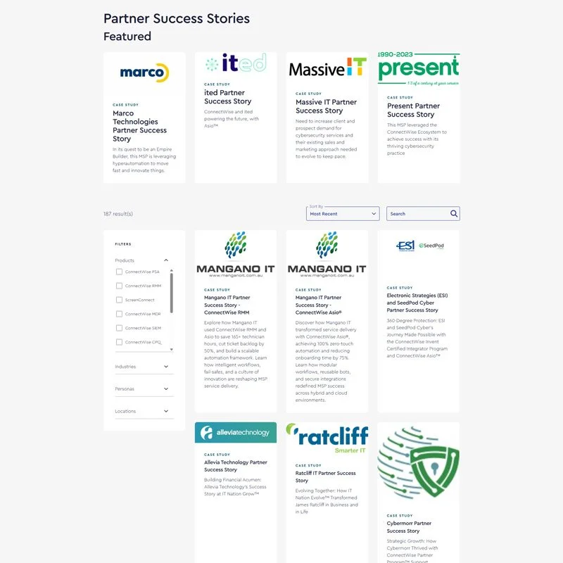 Screenshot of a webpage titled 'Partner Success Stories' showcasing various case studies of technology companies, including Marco Technologies, ITed, Massive IT, Present, Mangano IT, Allegiatechnology, Ratcliff, and a cyber security firm, with filters for products, industries, personas, and locations.