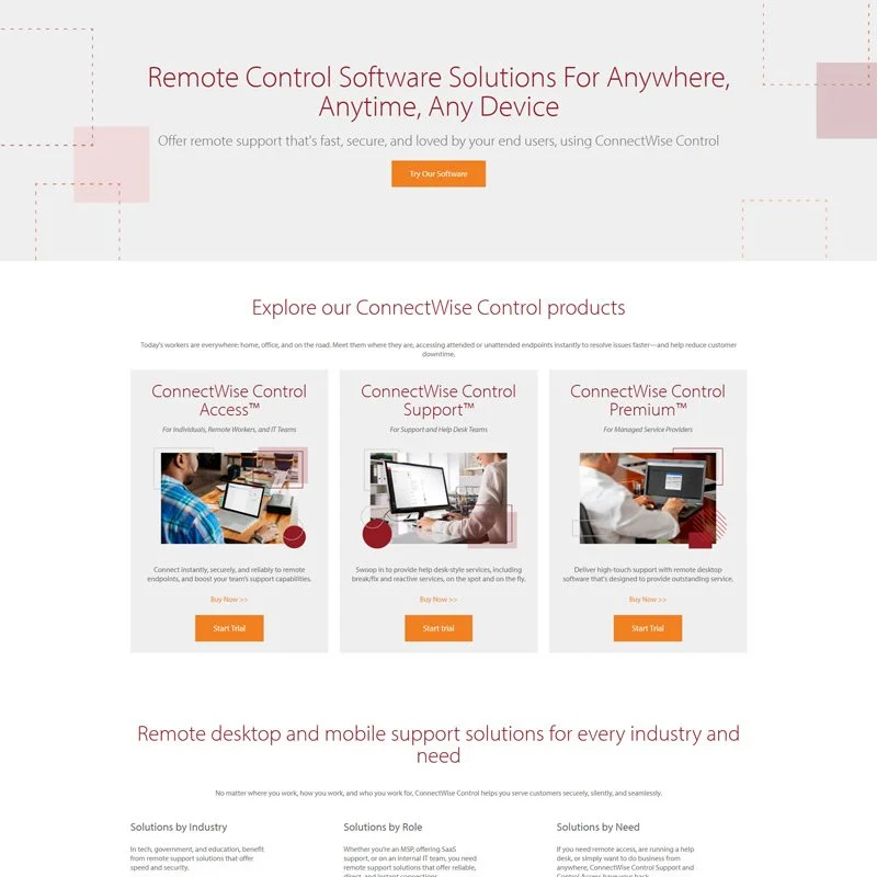 Webpage showcasing remote control software products with a header, description, a call-to-action button, and three product options with images, descriptions, and start trial buttons.
