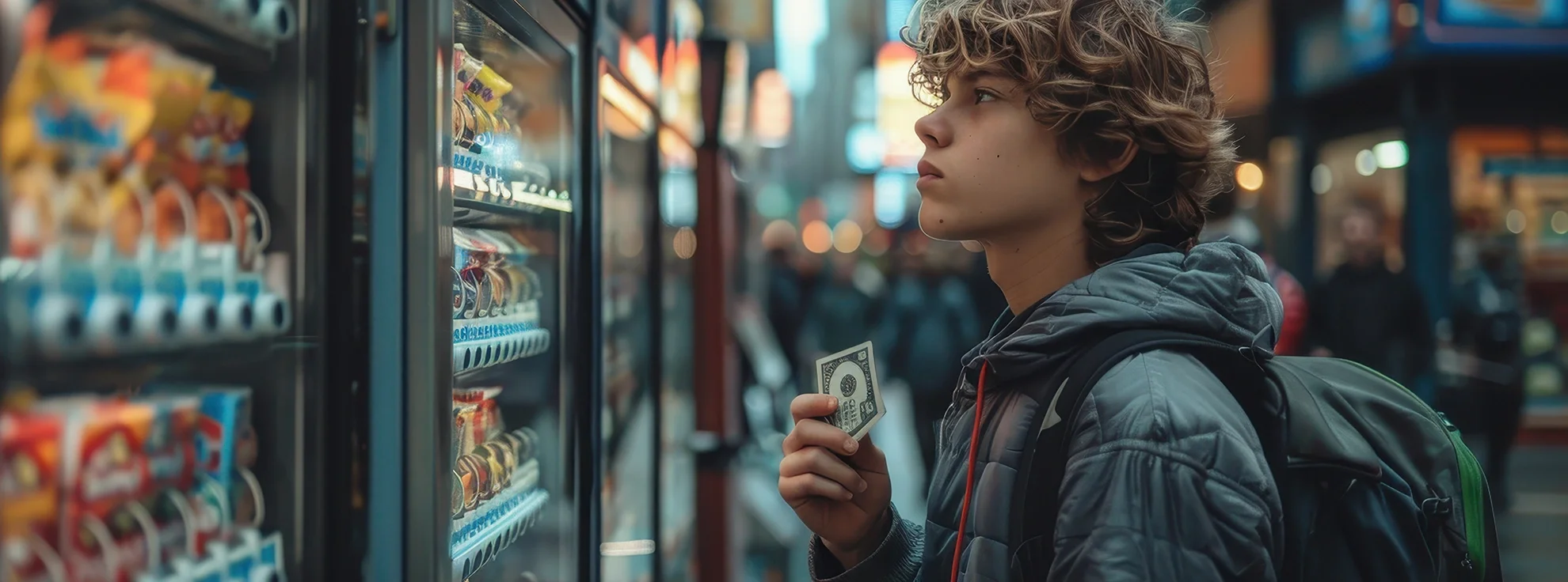 Joven con mochila y cabello rizado comprando dulces en una máquina expendedora en una calle urbana por la noche, sosteniendo un billete de dos dólares.