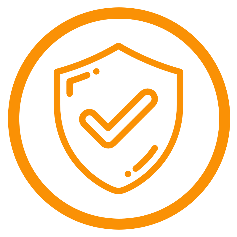 Símbolo de un escudo con una marca de verificación en su interior, en color naranja y blanco, representando protección o seguridad.