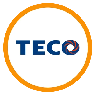 Logotipo de la empresa TECO con letras azules y un diseño circular en la 'O'
