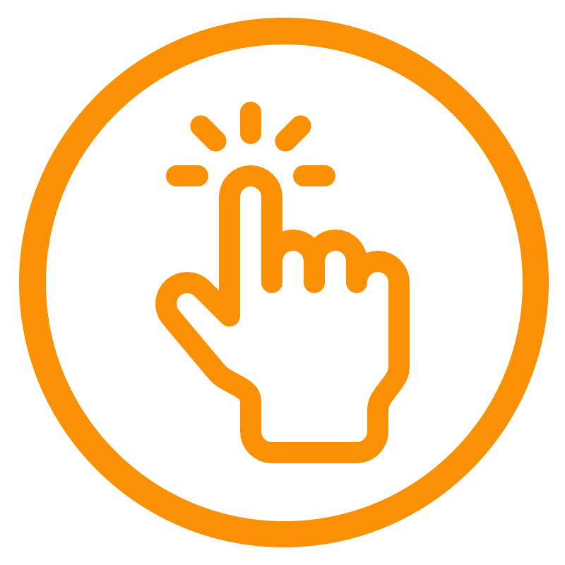 Ícono de una mano tocando un botón con una chispa de acción y resaltado en amarillo