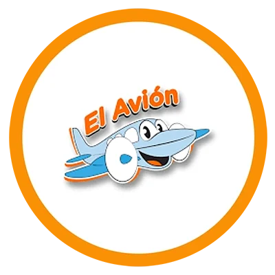 Dibujo de un avión caricaturesco con rostro y expresión sonriente, acompañado del texto 'El Avión' en letras anaranjadas.