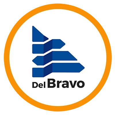 Logotipo con una figura abstracta azul y el texto 'del Bravo' en negro.