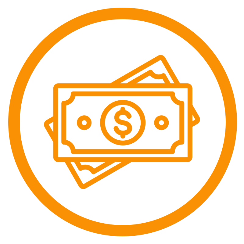 Símbolo de dinero representado por billetes en color naranja dentro de un círculo naranja.