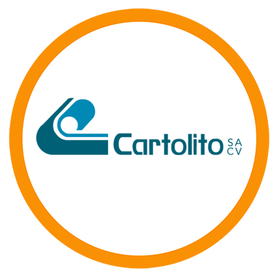 Logotipo de Cartolito SA CV con diseño moderno en azul y blanco en un fondo naranja y blanco circular.