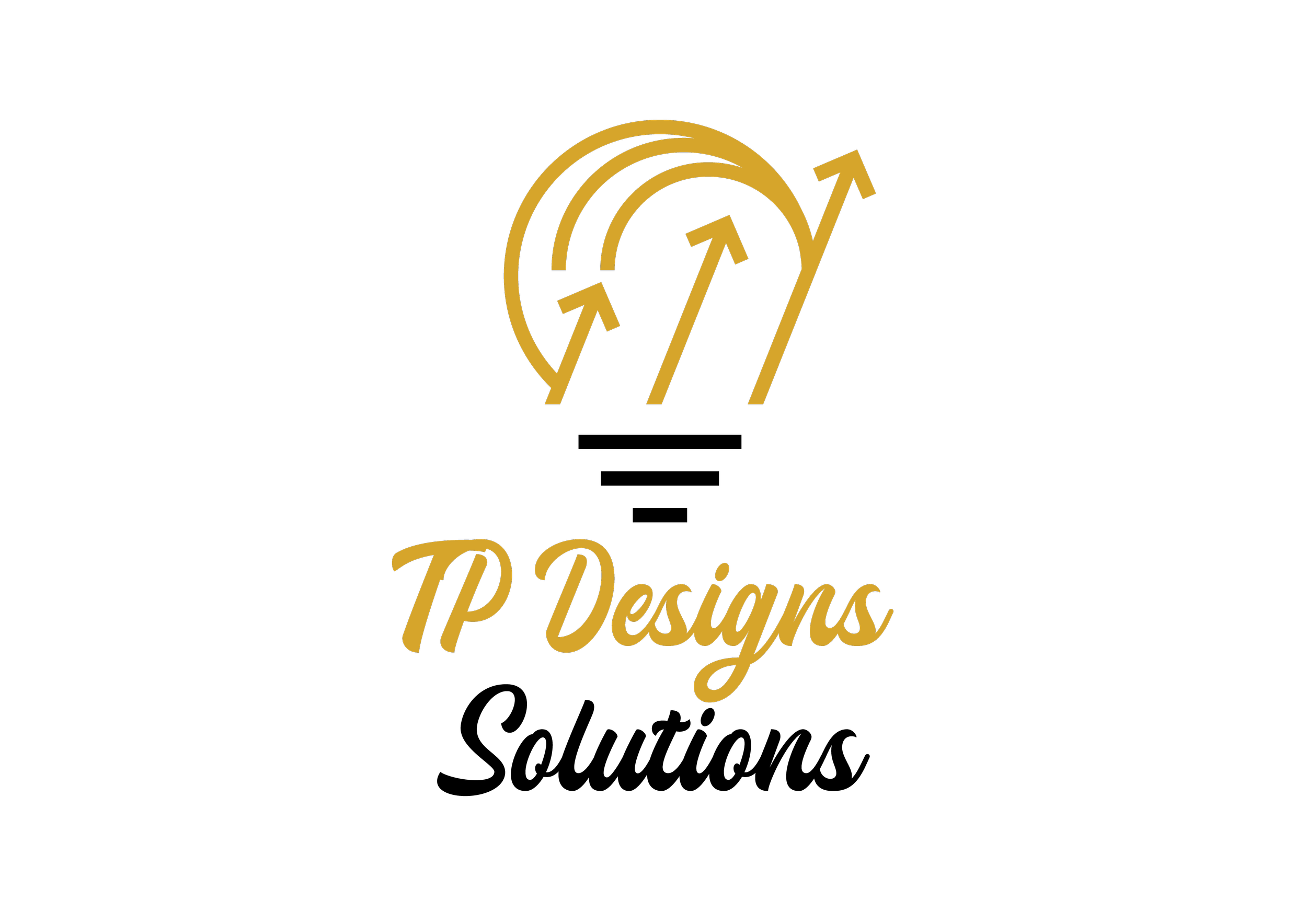 Logo with upward arrows and circular motion graphic, gold and black color scheme, text reading 'TP Designs' in gold script.