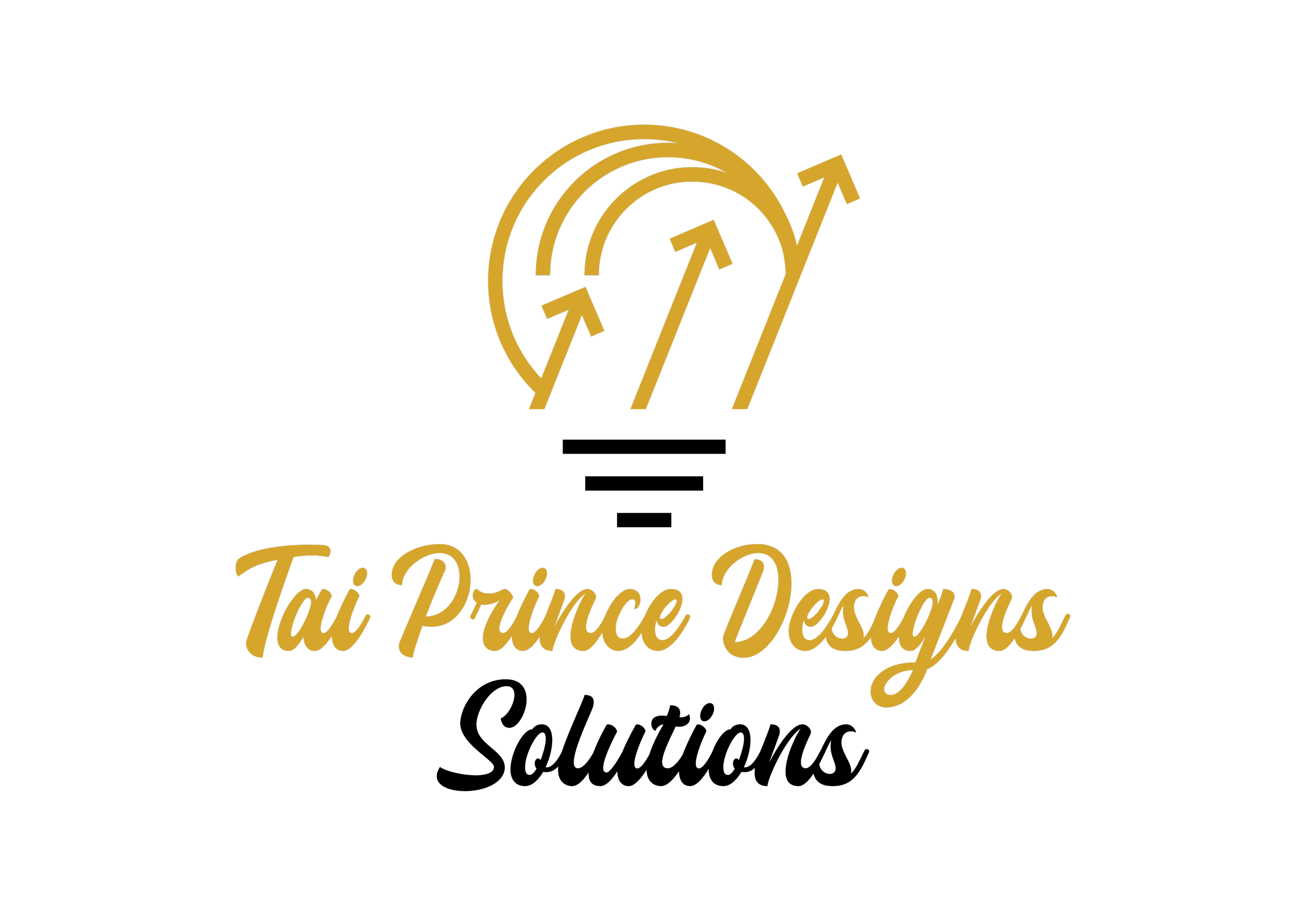 Logo for Tai Prince Designs featuring a gold abstract graphic of arrows in a circle and ascending lines with the business name in gold cursive font on a black background.
