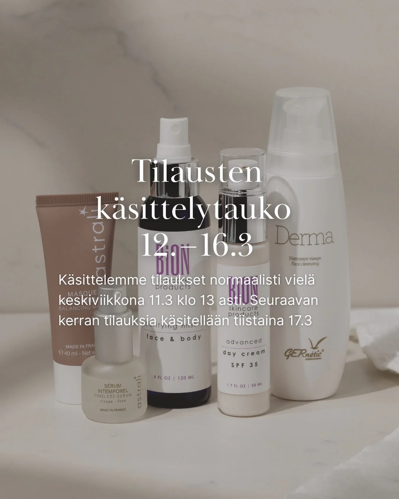 Olemme poikkeuksellisesti suljettuna torstain ja maanantain v&auml;lisen ajan, emmek&auml; k&auml;sittele tilauksia t&auml;n&auml; aikana 🤎

Jos sinulla on kiireisi&auml; tuotetarpeita, teeth&auml;n tilauksesi huomiseen keskiviikkoon klo 13 menness&