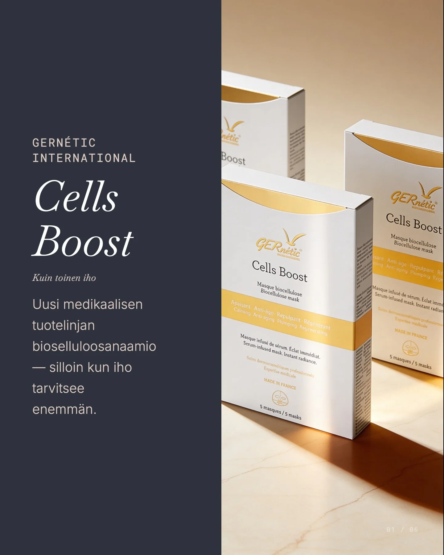 Cells Boost ei ole tavallinen kangasnaamio 🤍

Se on @gerneticfinland medikaalisen tuotelinjan uusi bioselluloosanaamio iholle, joka tarvitsee enemm&auml;n: enemm&auml;n kosteutta, enemm&auml;n rauhoitusta ja enemm&auml;n n&auml;kyv&auml;&auml; elinv