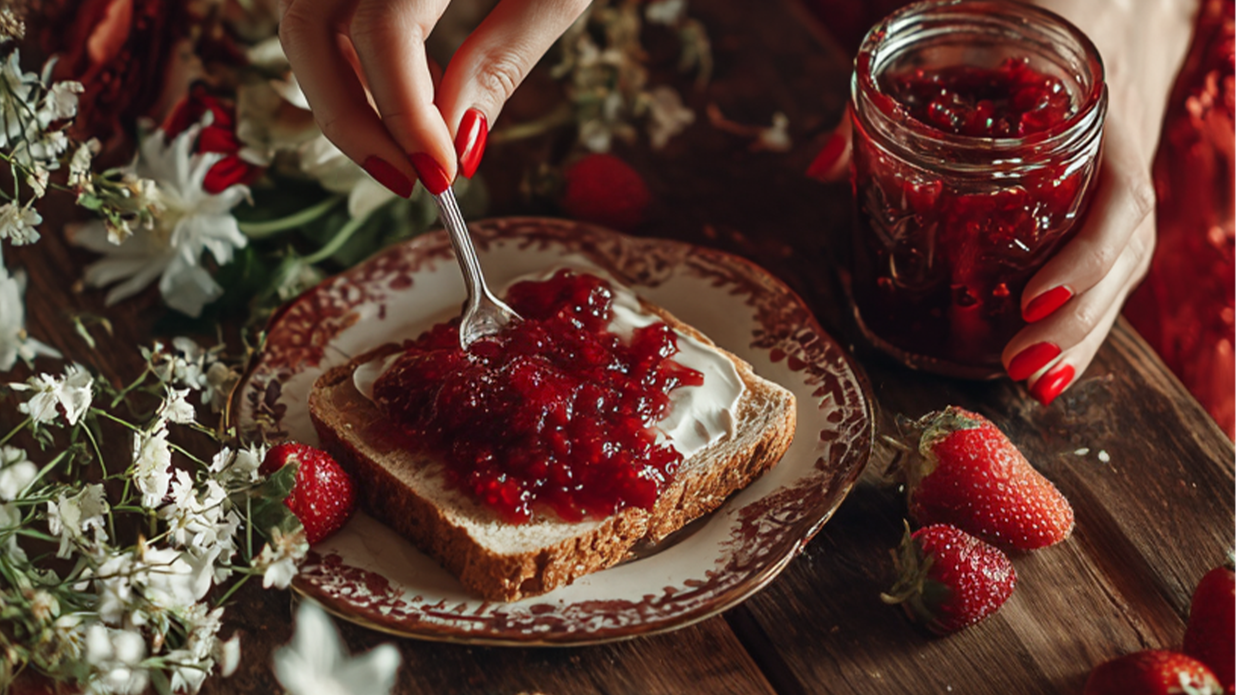 homemade strawberry and vanilla jam being spread on a piece of bread