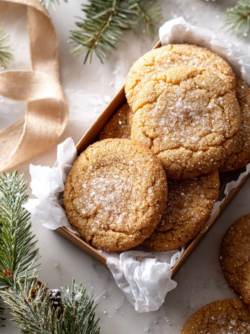 Soft brown butter sugar cookies nestled in parchment, ready for gifting with holiday warmth and golden edges