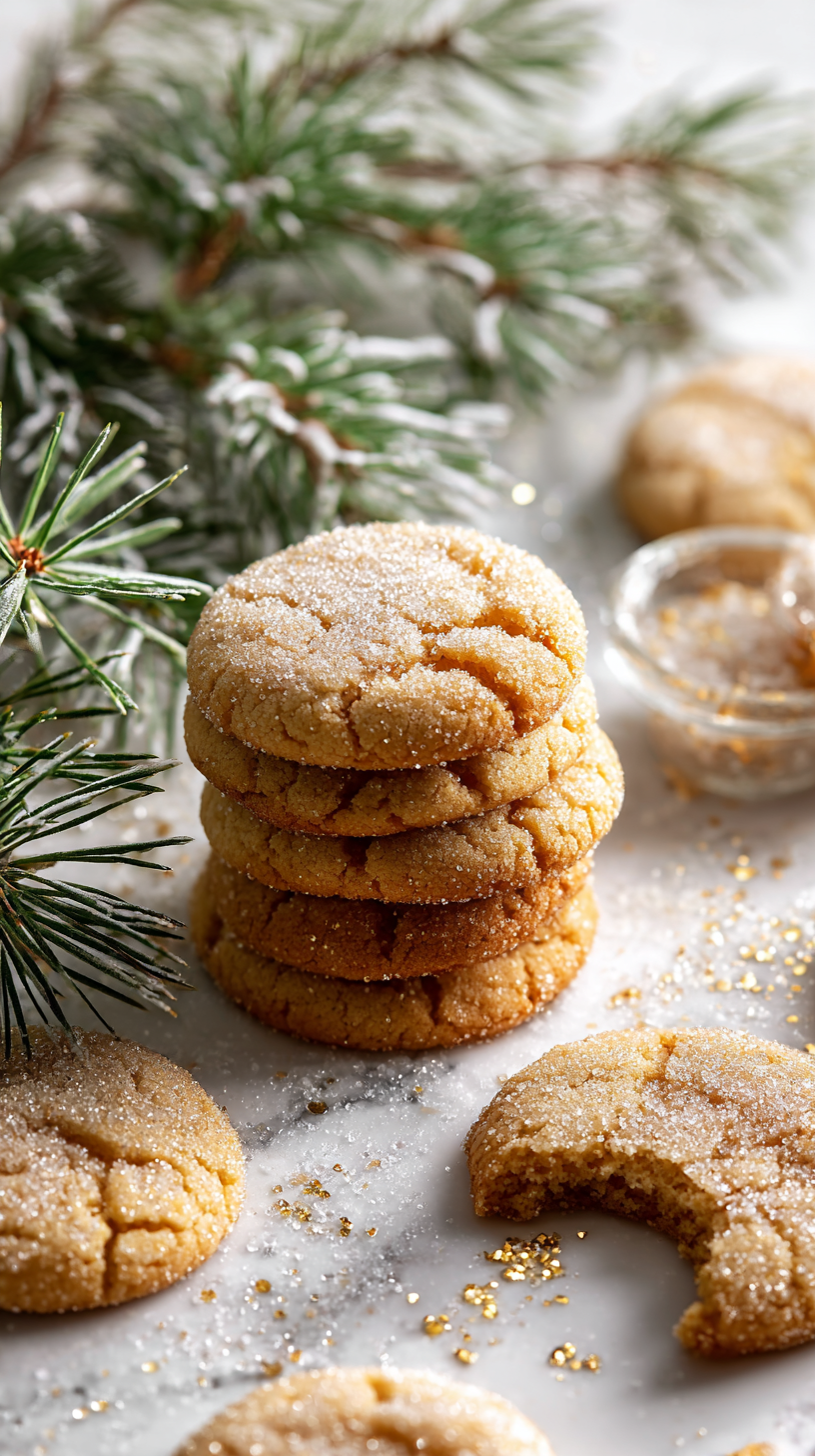 Stack of brown butter sugar cookies with a bite missing, sparkling with sugar beside pine branches and golden crumbs