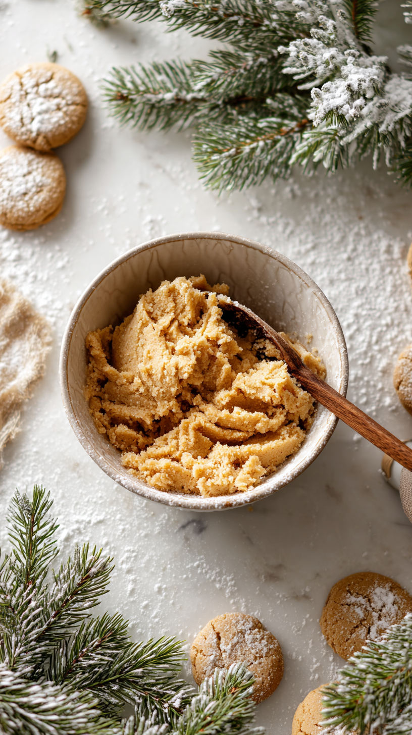 Brown butter cookie dough in a mixing bowl with pine branches and sugar-dusted cookies, cozy holiday baking scene