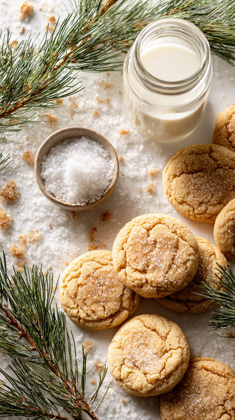 Soft brown butter sugar cookies stacked beside a jar of sugar and pine sprigs, sparkling with holiday warmth