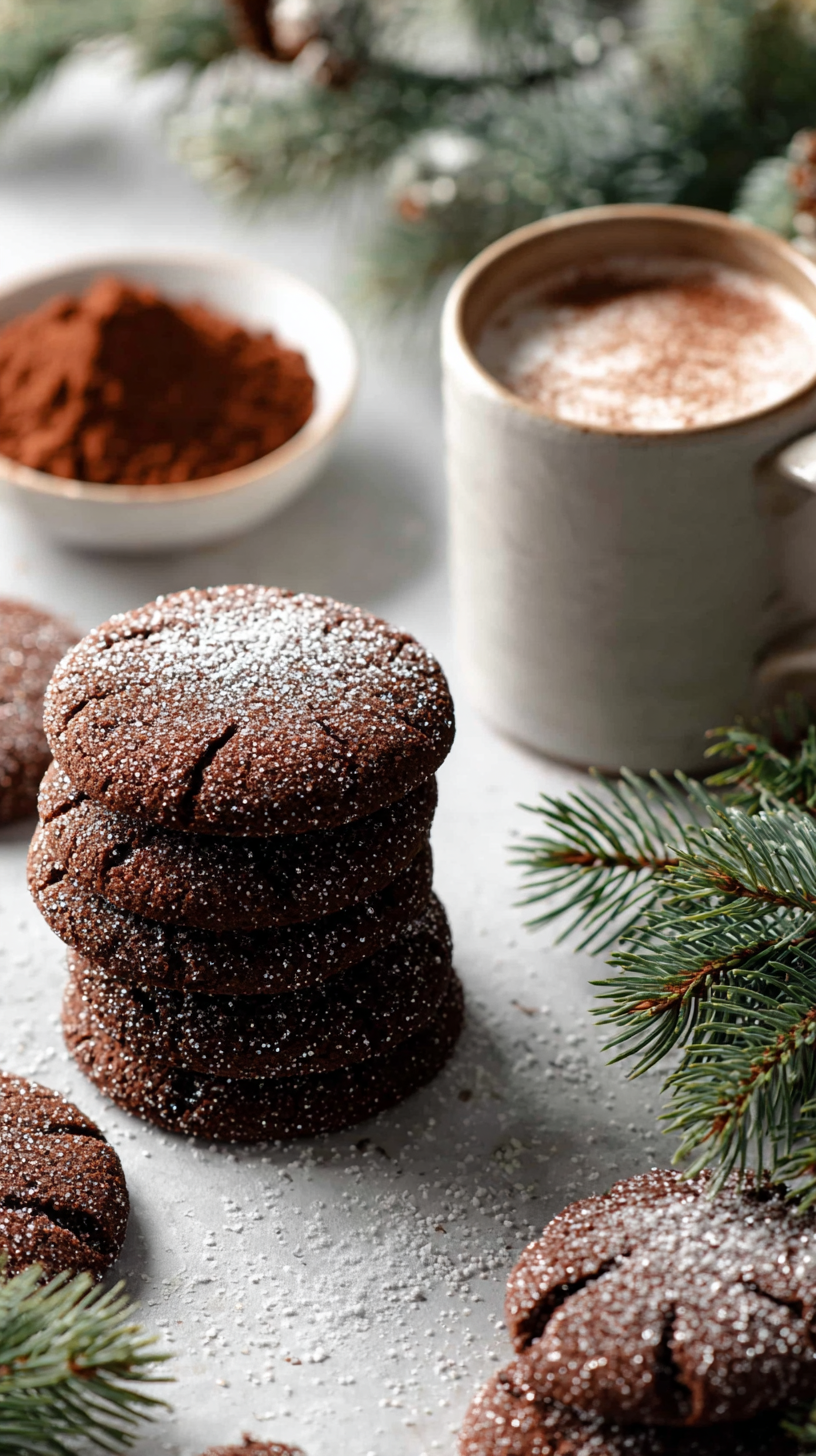 Soft chocolate sugar cookies stacked beside cocoa and milk for winter baking