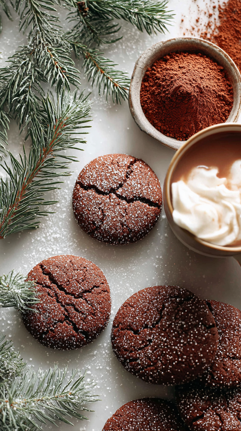 Chocolate sugar cookies with cocoa and whipped cream for cozy winter baking