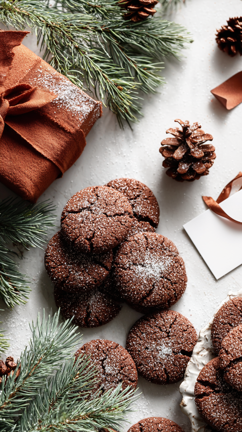 Soft chocolate sugar cookies styled for holiday gifting with evergreen and ribbon