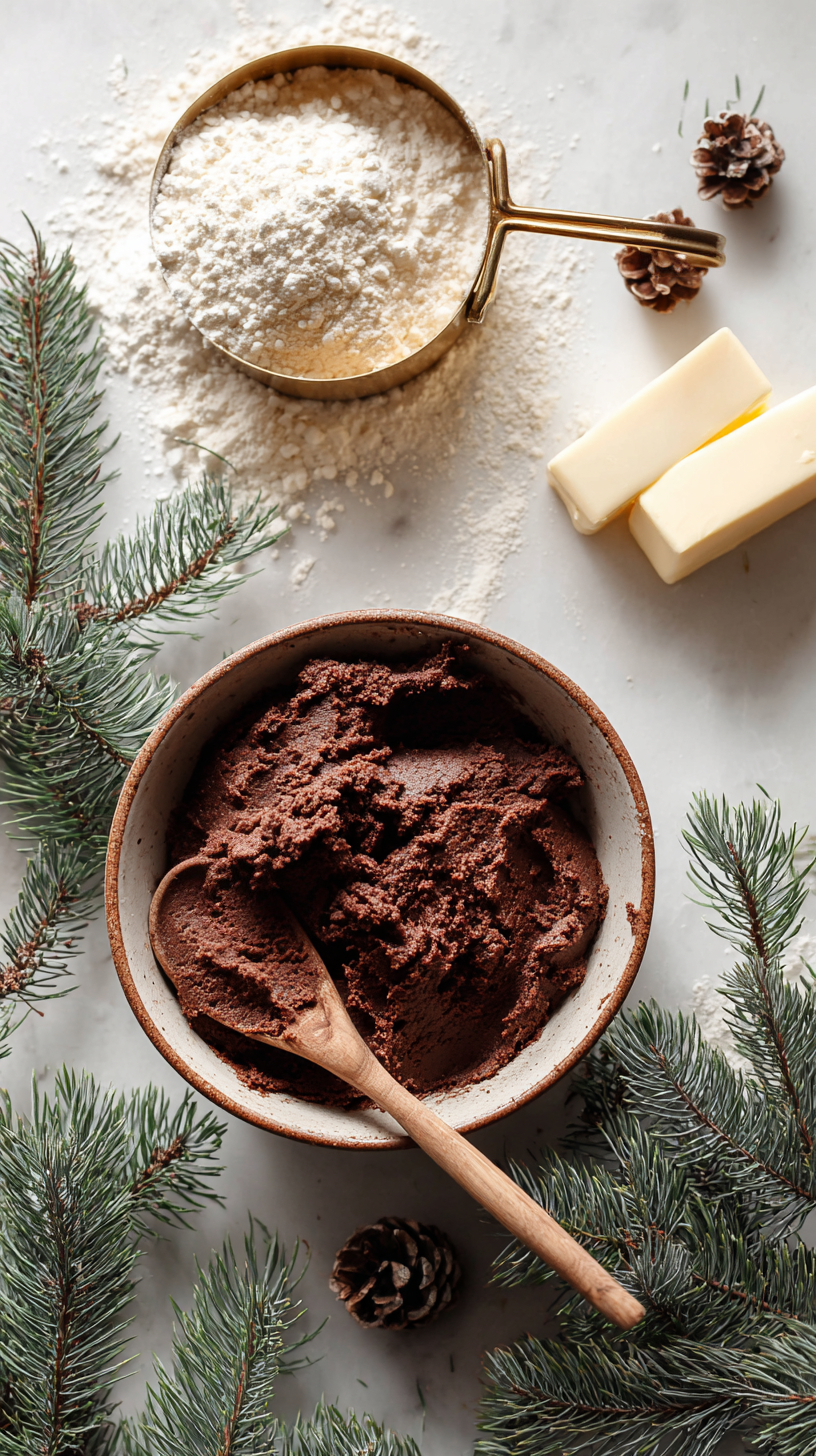 Chocolate sugar cookie dough with cocoa and butter on a holiday baking table