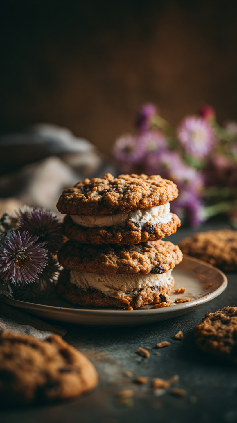 Chewy Brown Butter Oatmeal Raisin Cookies with Vanilla Ice Cream in Soft Light