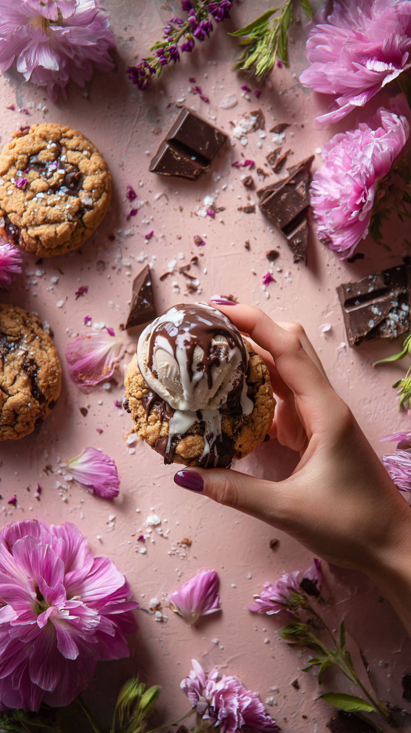 Oatmeal Chocolate Chip Cookies in Hand with Ice Cream