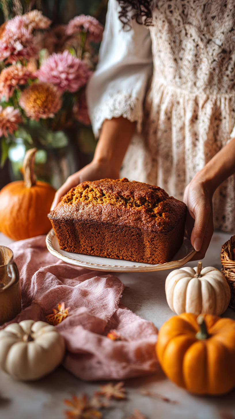 Woman Holding Freshly Baked Moist Pumpkin Bread