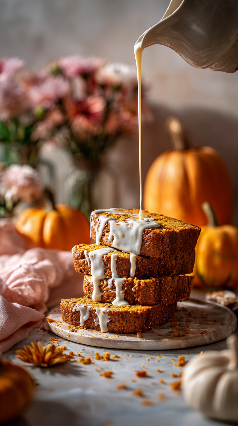 Moist Pumpkin Bread Slices with Maple Glaze Drizzle