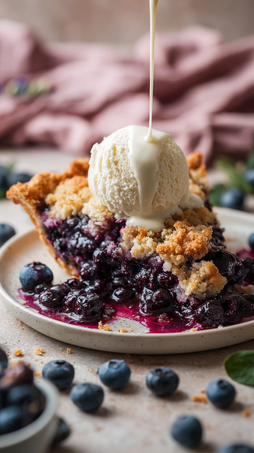 Blueberry and Currant Crumble Pie with Vanilla Ice Cream