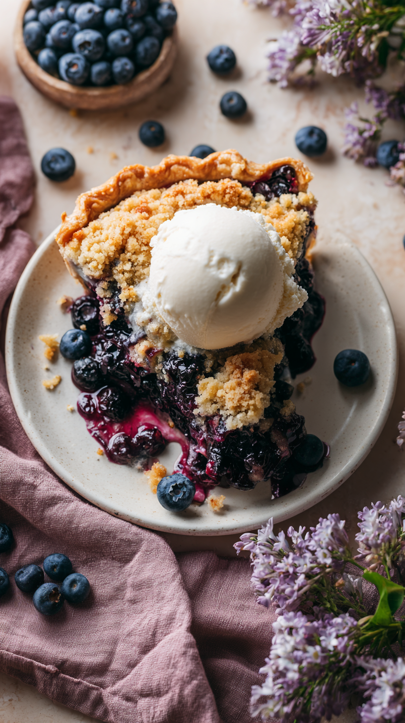 Homemade Blueberry and Currant Crumble Pie with Buttery Golden Crust and Vanilla Ice Cream