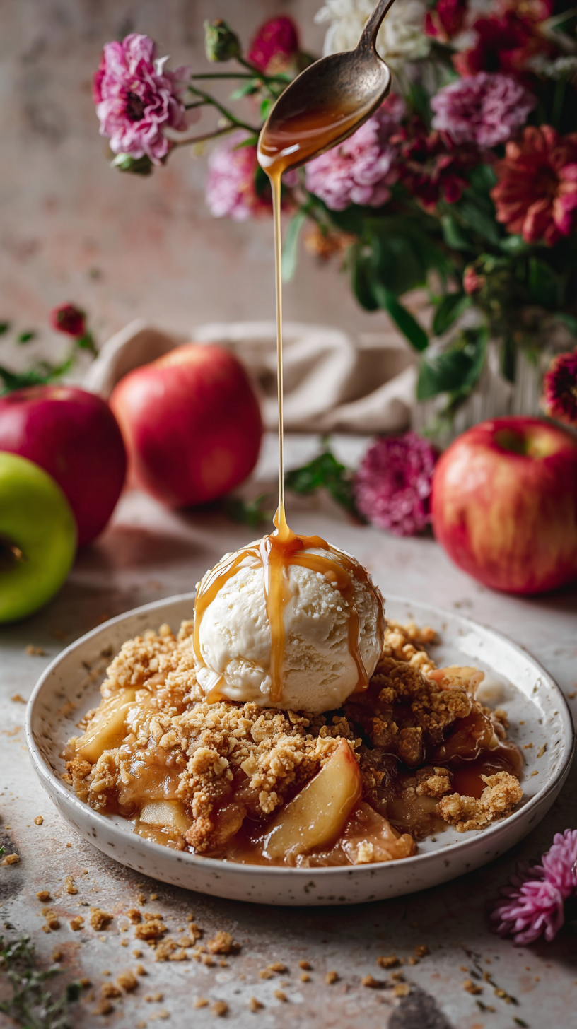 Fresh Apple Crumble on a Plate with Ice Cream and Drizzled with Caramel Sauce