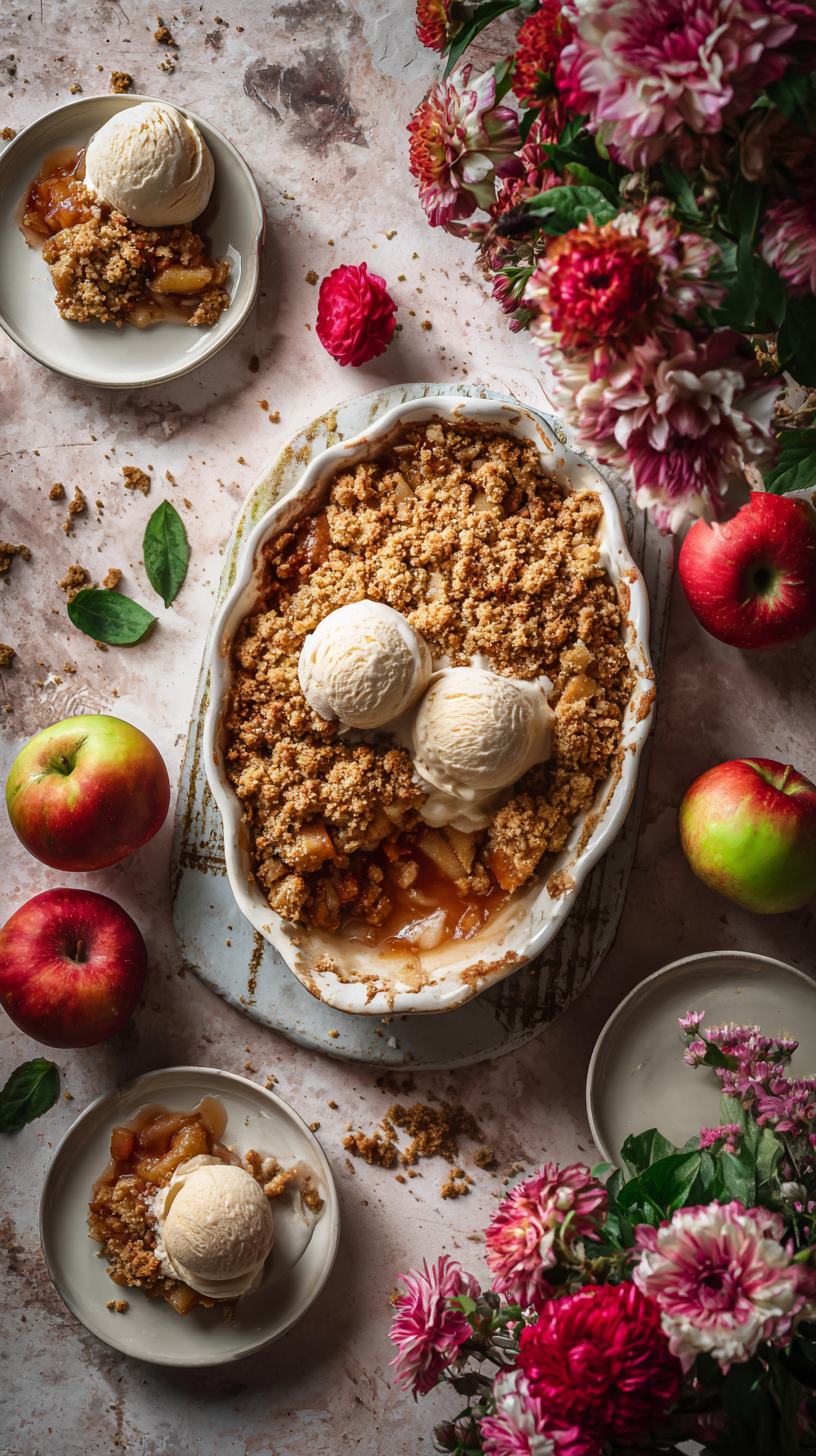 A Flatlay of Apple Crumble in a Dish and Served on Plates