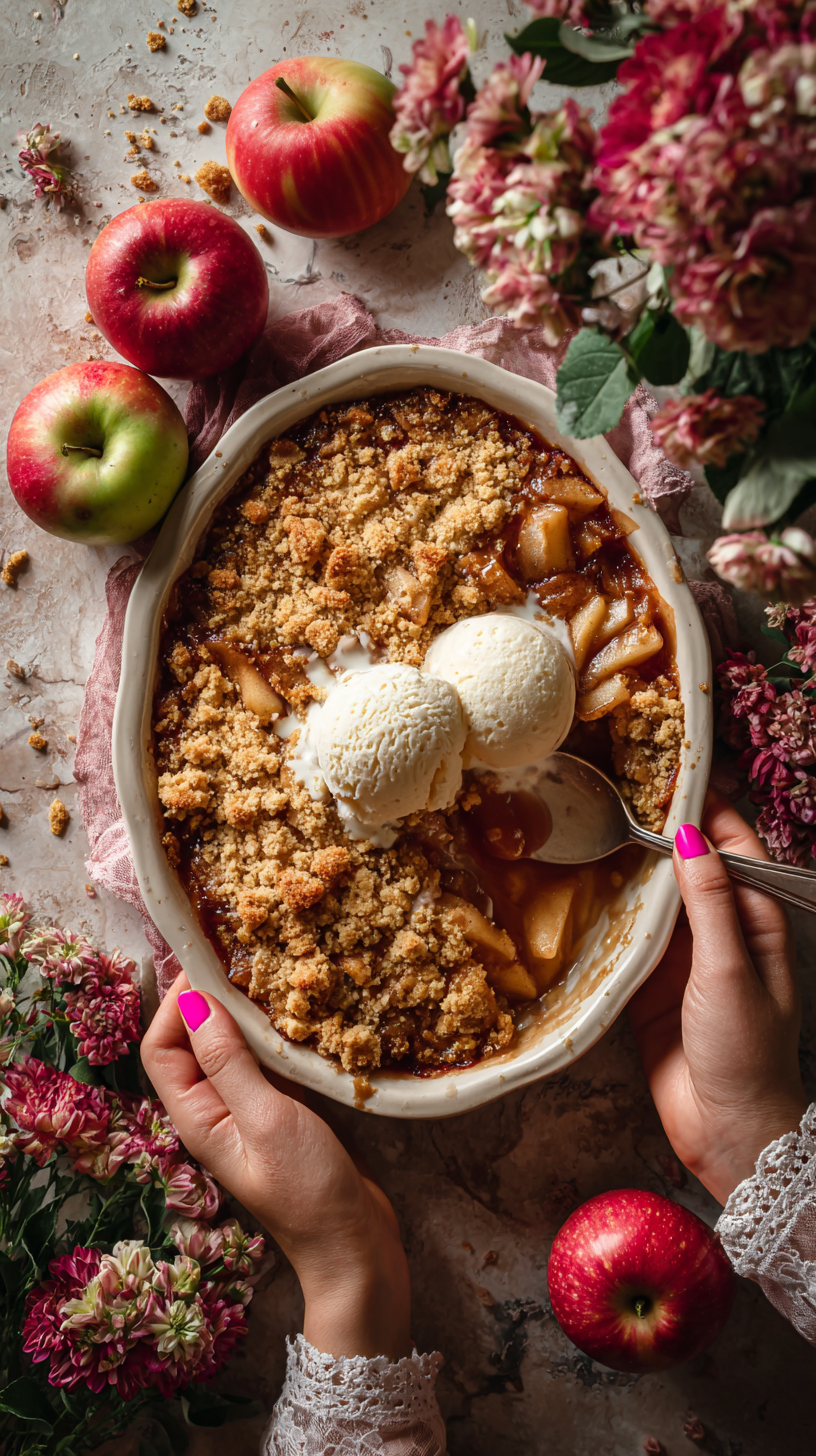 Fresh and Warm Apple Crumble being Put Down on Table by Womans Hands