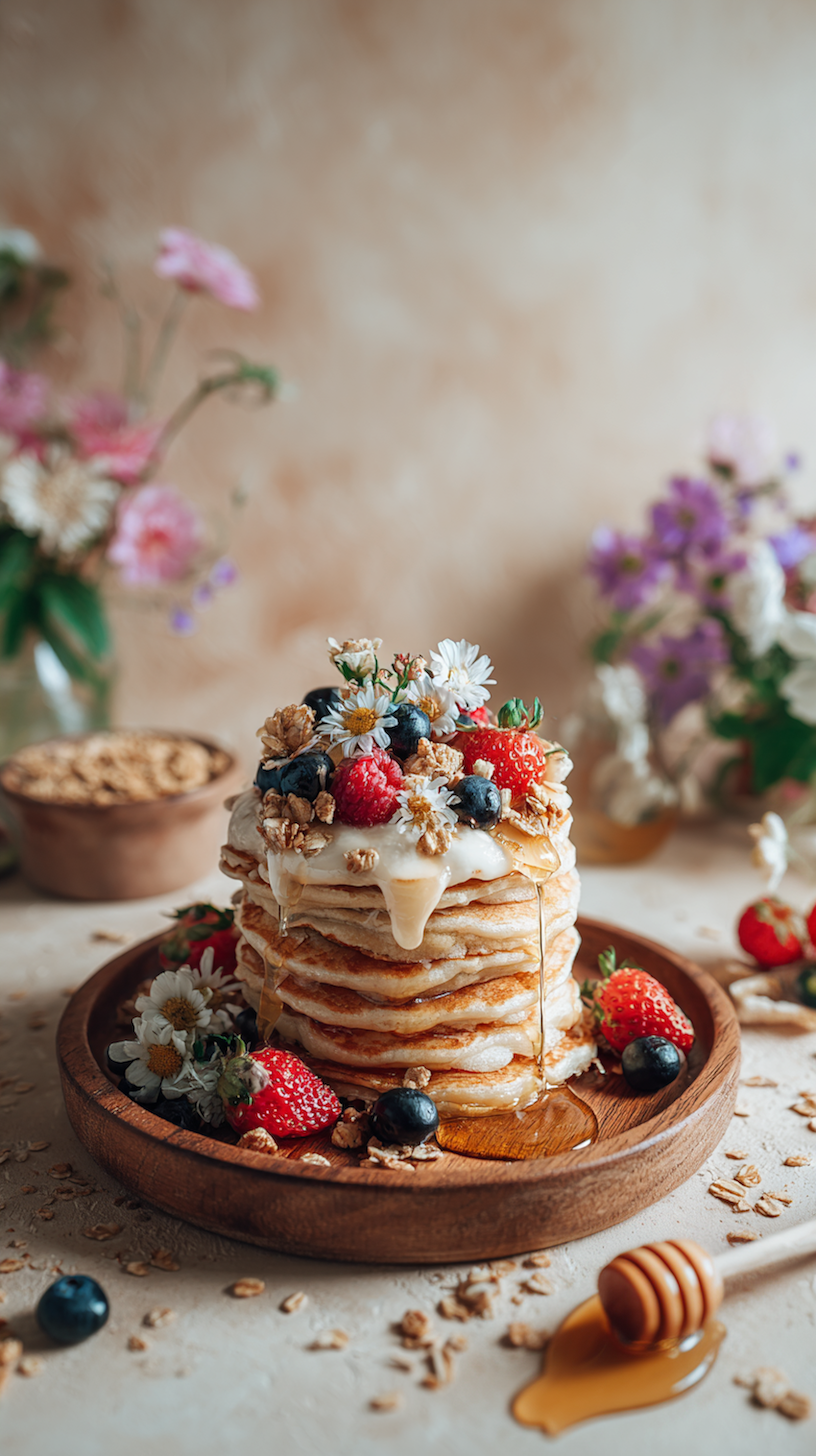 Fluffy buttermilk pancake stack with honey drizzle, berries, and wildflowers – cozy homemade breakfast scene.