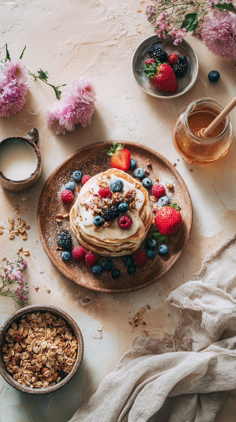 Golden buttermilk pancakes topped with fresh berries and honey – soft morning light breakfast photo.