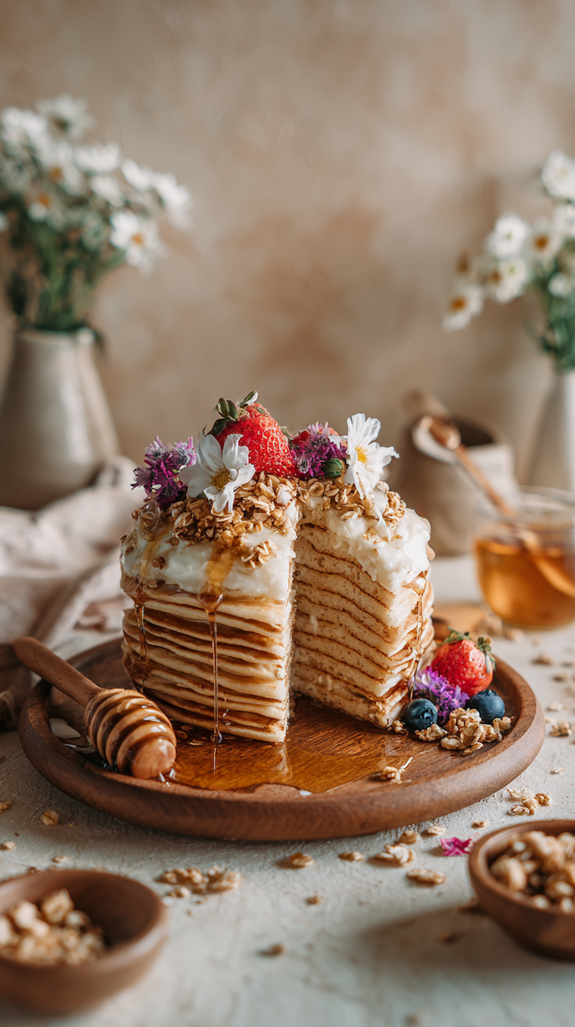 Tall stack of fluffy buttermilk pancakes with fresh fruit and syrup – homemade weekend breakfast inspiration.