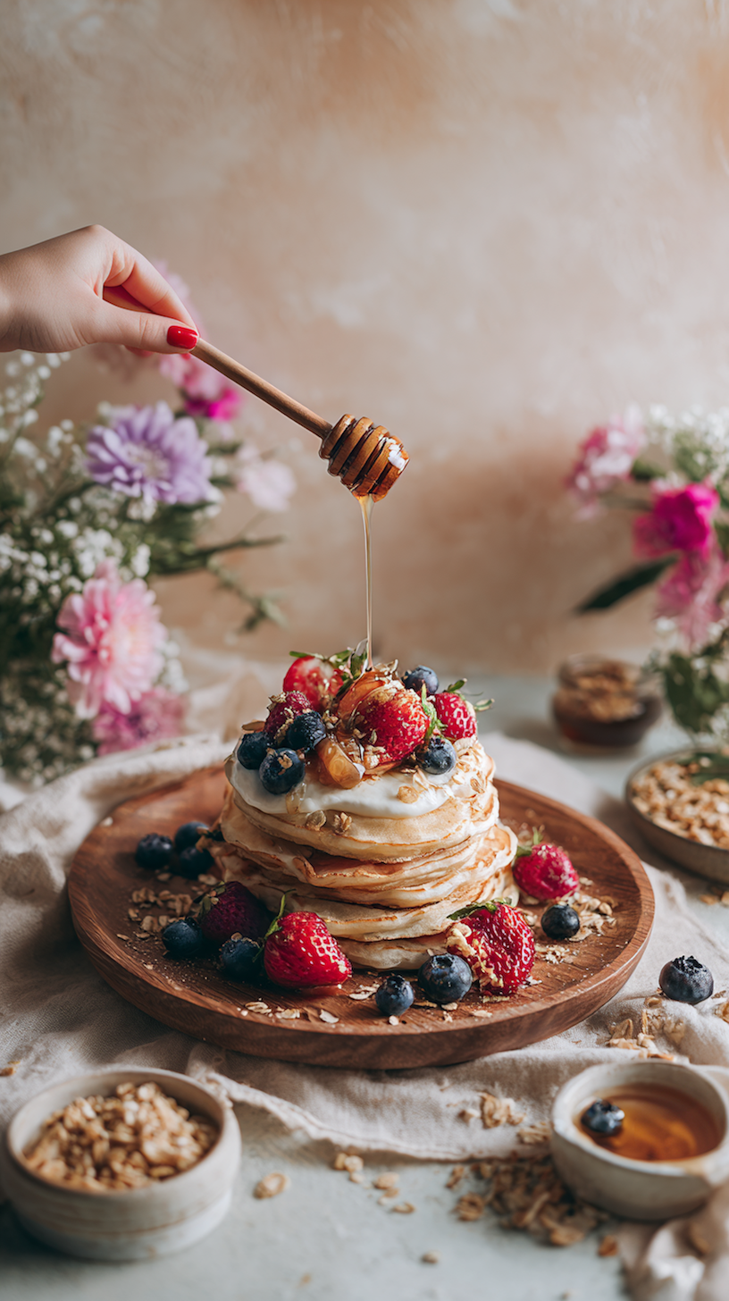 Honey drizzle over fluffy buttermilk pancakes with berries and flowers – warm kitchen photography.
