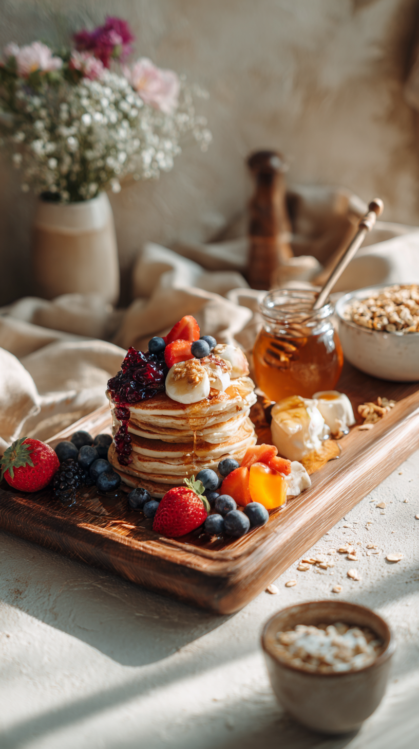 Fluffy buttermilk pancake stack with honey drizzle, berries, and wildflowers – cozy homemade breakfast scene.